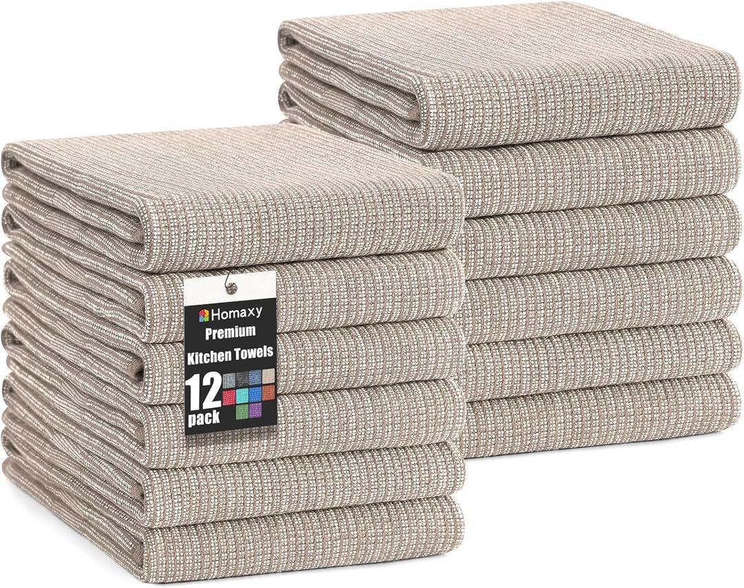 Homaxy Premium Kitchen Towels(18x 28, 12 Pack), Large Cotton Kitchen Hand Towels, Flat and Terry Dish Towels, 380 GSM Highly Absorbent Tea Towel Set with Hanging Loop, Khaki