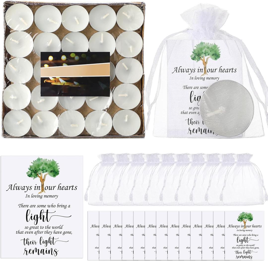 50 Set Funeral Party Favors Memorial White Candles Unscented Funeral Gifts Tealight Candles with Condolence Bereavement Cards and Organza Bags for Guest Celebration of Life Decorations (Classic)