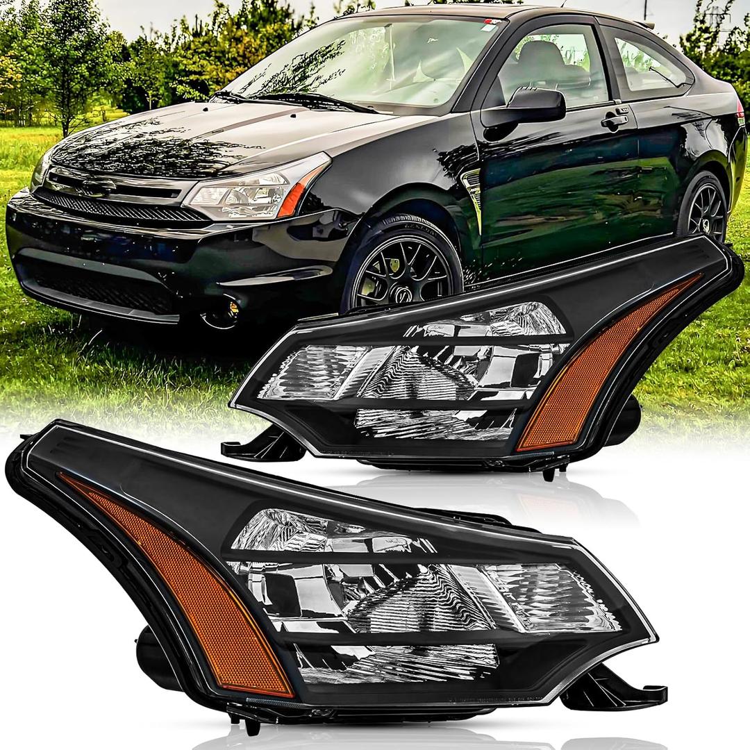 Headlights Assembly Pair for 2008 2009 2010 2011 Ford Focus S SE SES SEL Coupe/Sedan Headlamps Head Lights Replacement Driver and Passenger Side,Black Housing Amber Reflector
