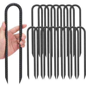 Kingsyard 16 Pack Trampolines Wind Stakes-12 Inch Long, 0.4 Inch Diameter Galvanized Steel U Hook Rebar Stakes, Multi-Purpose Heavy Duty Ground Anchors for Tent, Fences, Swing, Landscape, Black (U-12"-16pcs, U-10mm-black)