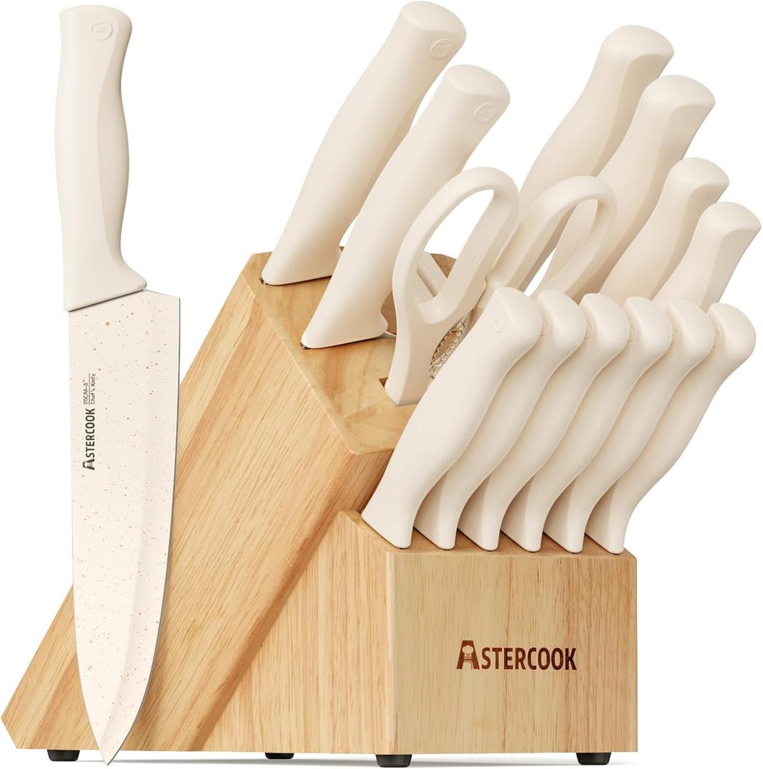 Astercook Knife Set, 15 Pieces Kitchen Knife Set with Sharpener Block, German Stainless Steel Knives Set with Anti-Rust Coating, Dishwasher Safe Elegant Cream White Knife Block Sets, Mothers Day Gifts