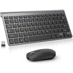 Compact Wireless Keyboard and Mouse Combo, Mini Portable Travel Keyboard and Silent Mouse Set with USB Receiver, Quiet Click, Small Size, Adjustable 2400 DPI for Computer, Laptop, PC, Windows - Gray