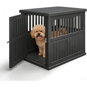 Bifanuo Dog House 30-Inch Dog Crate Furniture, Heavy Duty Dog Crate for Small Dog, Lockable Indoor Outdoor Dog Kennel & End Table, Decorative Plastic Pet Cage (Classic Black, 29.5"D x 21"W x 25.2"H)