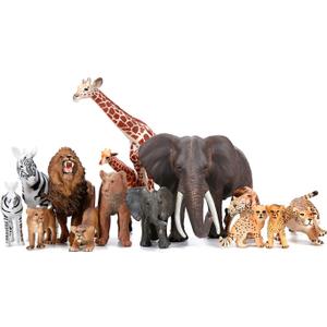 BOLZRA Safari Zoo Animals Figures Toys, 14 Piece Realistic Jungle Animal Figurines, African Wild Plastic Animals with Lion, Elephant, Giraffe Educational Learning Playset for Toddlers, Kids, Children