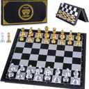 AMEROUS 10'' Magetic Travel Chess Set, Plastic Portable Folding Chess Board Game with Gold and Silver Chess Pieces - 2 Extra Queens - Chess for Beginner, Kids, Adults