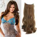 24 inches Invisible Halo Hair Extensions Long Wavy Curly Secret Hairpiece with Transparent Wire Adjustable Size 4 Secure Clips for Women (Light Brown)