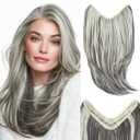 Clip in V-Shape Hair Extensions for Women 18 Inch One Piece Synthetic Straight Hair Extension Full Head Hairpiece with 5 Clips Grey Multi