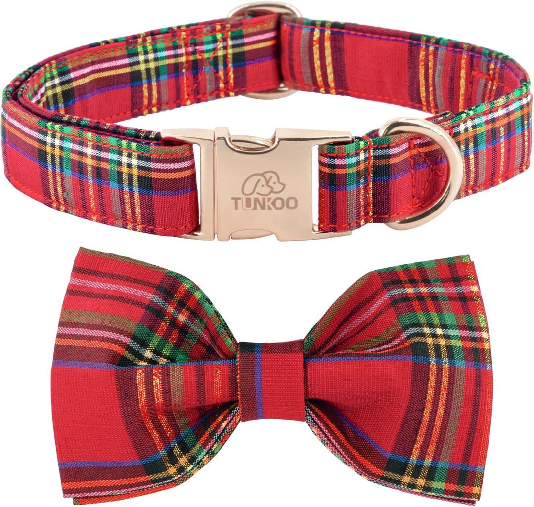 Tunkoo Dog Collar Christmas Plaid with Elegant Bow Tie Soft Comfy Cotton Adjustable Collar, Premium Metal Buckle for Puppy and Cat Small Medium LargeRed PlaidS