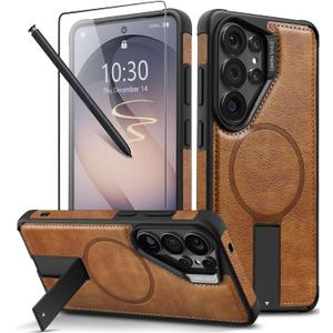 Strong Magnetic for Samsung Galaxy S26 Ultra Case Leather,[Compatible with MagSafe], Adjustable Kickstand, Shockproof Protective Cover for Samsung S26 Ultra (Brown)