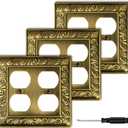 Antique Brass Decorative Wall Plate Light Switch Cover Decorator Outlet Covers Rocker Switch Plates Metal Material Wall Plates for Kitchen Bathroom (2 Gang Duplex-3 Pack)