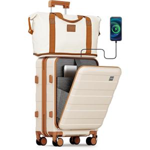imiomo Carry on Luggage Airline Approved with Front Pocket and USB Port, Hard Shell 20 Inch Travel Carry-on Suitcase with Spinner Wheels and TSA Lock, White (3 piece set (BP/TB/20), Beige)