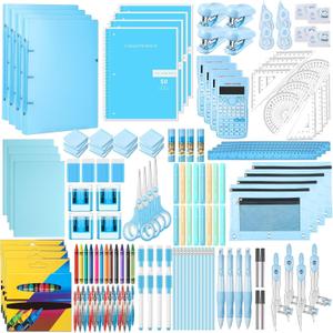 128 Pcs Middle High School Supply Kit for Student Girl Back to School Supplies Bundle Essential Stationery Stuff Set Include Calculator Notebooks Compass Folder Pen Stapler and More (Blue)