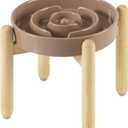 Ceramic 1.2 Cup Raised Slow Feeder Dog Bowl Set, Elevated Wooden Stand for Medium and Small Dog, 7.3inch Puzzle Slow Dish, Preventing Choking(Brown Coffee, Single Bowl+ Stand)