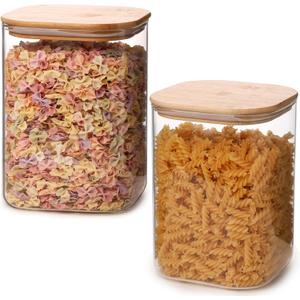 Glass Food Storage Jars 3.6 Qt Set of 2, Glass Storage Containers Clear Glass Food Canister with Bamboo Lid Airtight For Serving Tea, Coffee, Flour, Sugar, Candy, Cookie, Spice and More (Square)