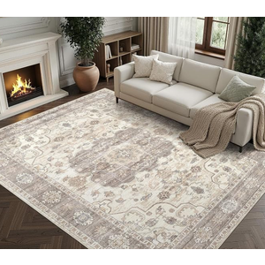8X10 Area Rugs for Living Room: Washable Vintage Soft Thin Area Rug Stain Resistant Non-Slip Backing Carpet for Bedroom Dining Room Nursery Home Office - Tea Brown