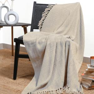 RAJRANG Silver Lining Cotton Herringbone Throw Blanket 50 x 60 Inch - Modern Boho Living Room Decor Cozy Warm Bed Throws Soft Luxury Blankets for Indoor Outdoor Beige