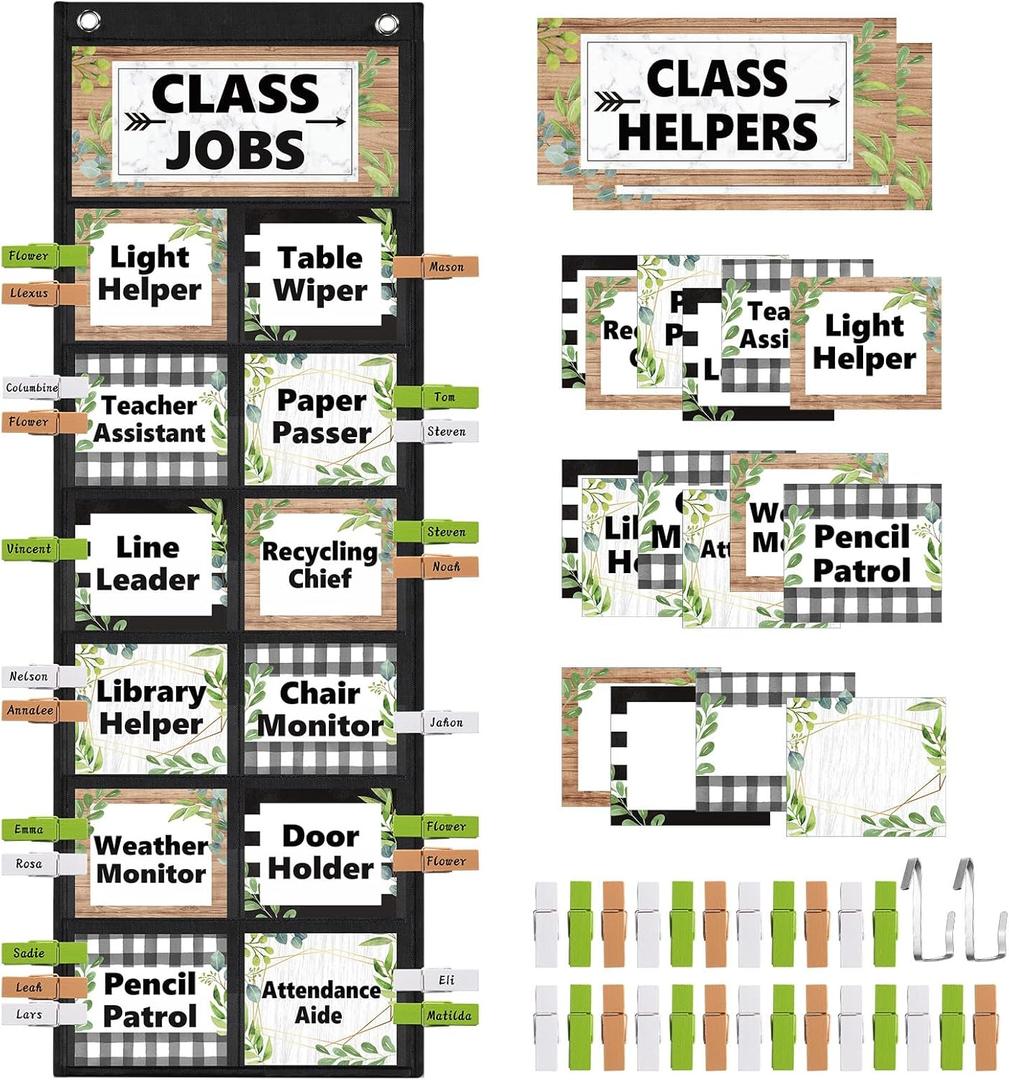 Pasimy Plant Class Jobs Pocket Chart Class Helpers Pocket Chart Classroom Jobs Cards with Clips and Hooks Teacher's Helper Bulletin Board Set for Back to School Classroom Teacher Supplies