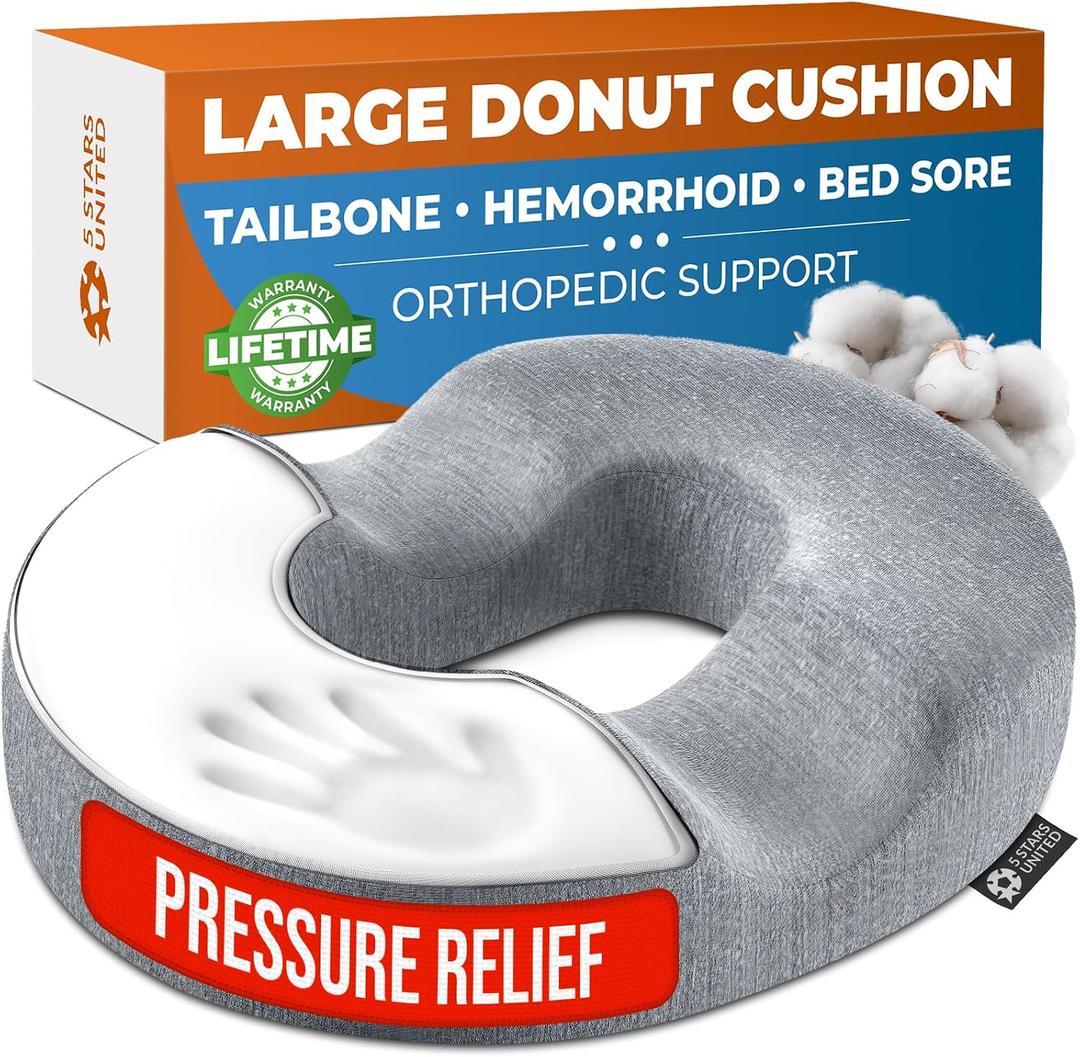 5 STARS UNITED Donut Pillow Hemorrhoid Tailbone Cushion Large Floor Cushion for Pain Relief Coccyx, Prostate, Sciatica, Pelvic Floor, Pressure Sores, Pregnancy, Postpartum Recovery, Gray