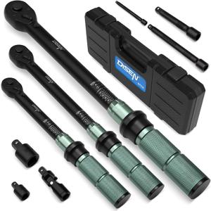 DISEN 9PCS Click Torque Wrench Set 1/4" 3/8" 1/2" Drive 20-220 In.lb, 5-45 Ft.lb, 10-170 Ft.lb with 6 Adapters, 3% Accuracy, 72-Tooth, Dual Scale, Storage Case for Bike, Motorcycle, Car, Truck Repair (Black & Green)