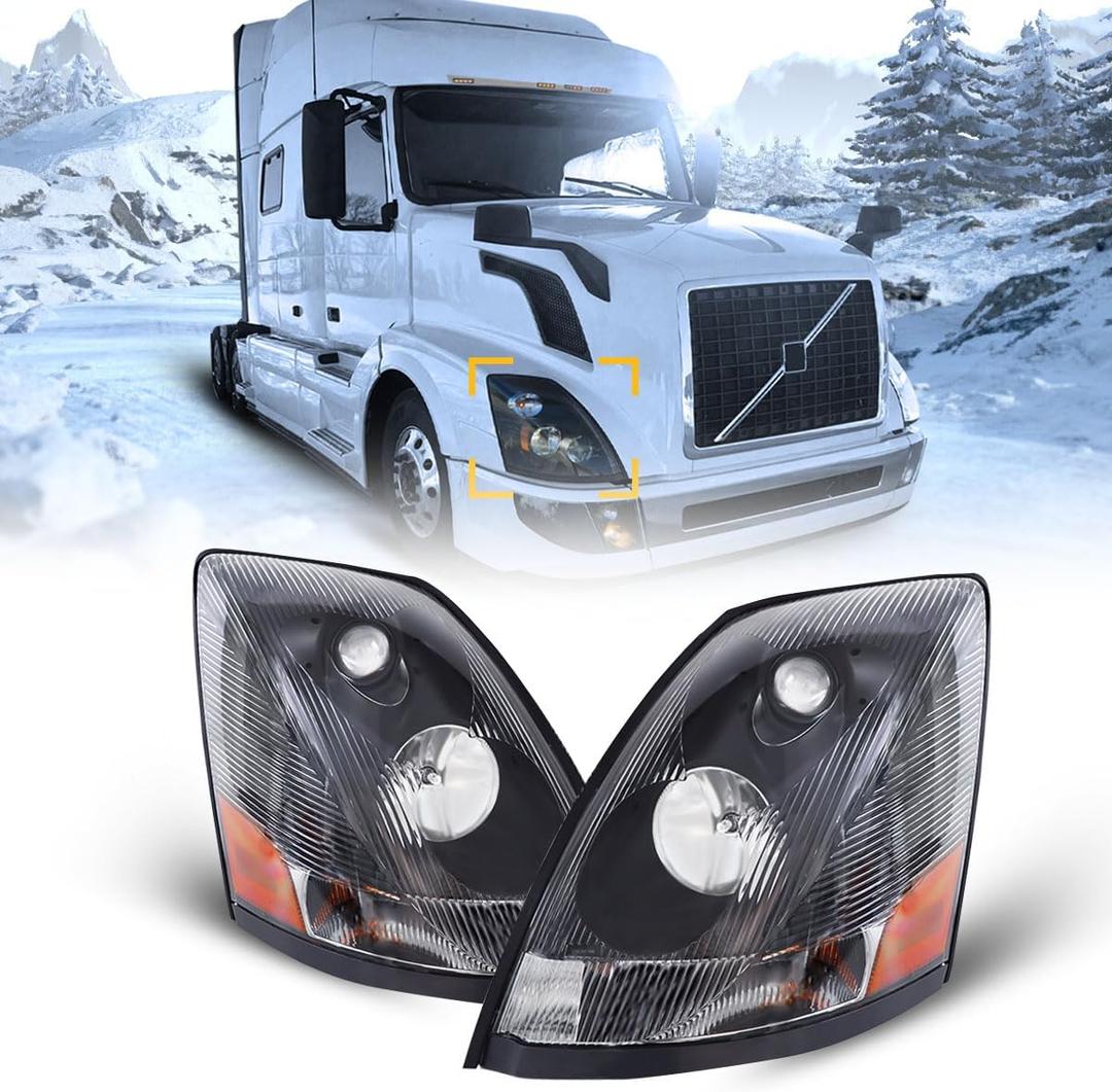 Semi Trucks Headlight Pair Compatible with 2004-2017 VOLVO VNL 670 780 (Including Driver Left Side & Passenger Right Side),VNL Headlamp Black Assembly