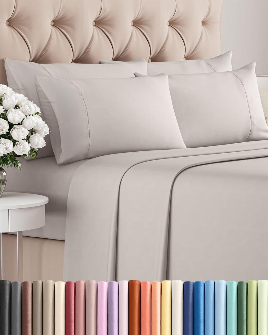Queen 6 Piece Sheet Set - Comfy Breathable & Cooling - Hotel Luxury Bedding for Women, Men, Kids, Teens & Children - 1 Flat & 1 Fitted Sheet & 4 Pillowcases w/ Deep Pockets - Wrinkle Free - Light Grey