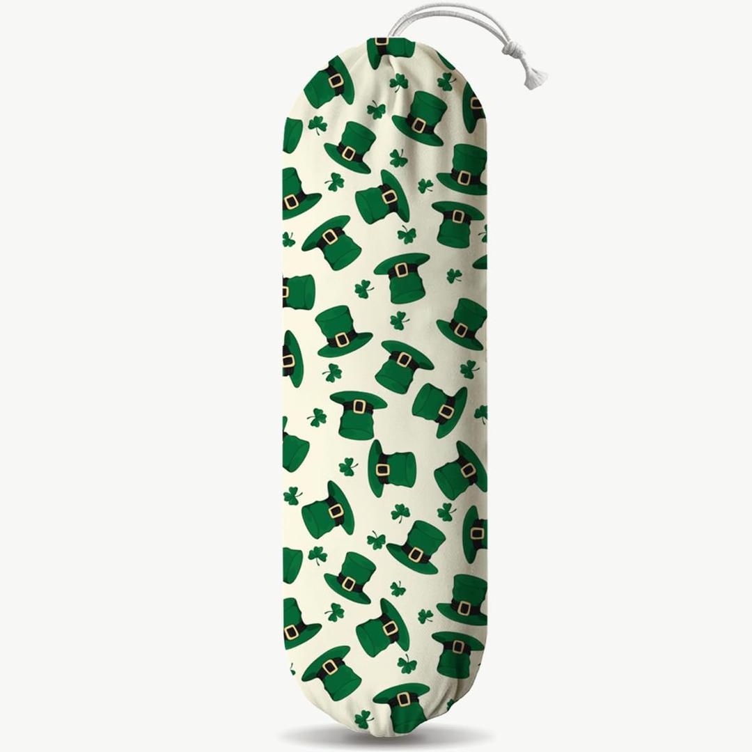 Plastic Bag Holder, Wall Mount Grocery Sack Organizer Dispenser, Washable Cotton-Linen Storage with Hanging Loop, St. Patricks Day Irish Hat & Clover Design for Kitchen Pantry Decor