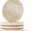 WORHE Natural Travertine Marble Coasters Set of 4-4" Round Stone Drink Coasters, Non-Slip Cork Backing, Housewarming Gift, Wedding, Protect Tables from Stains & Scratches (BD140) (Beige)