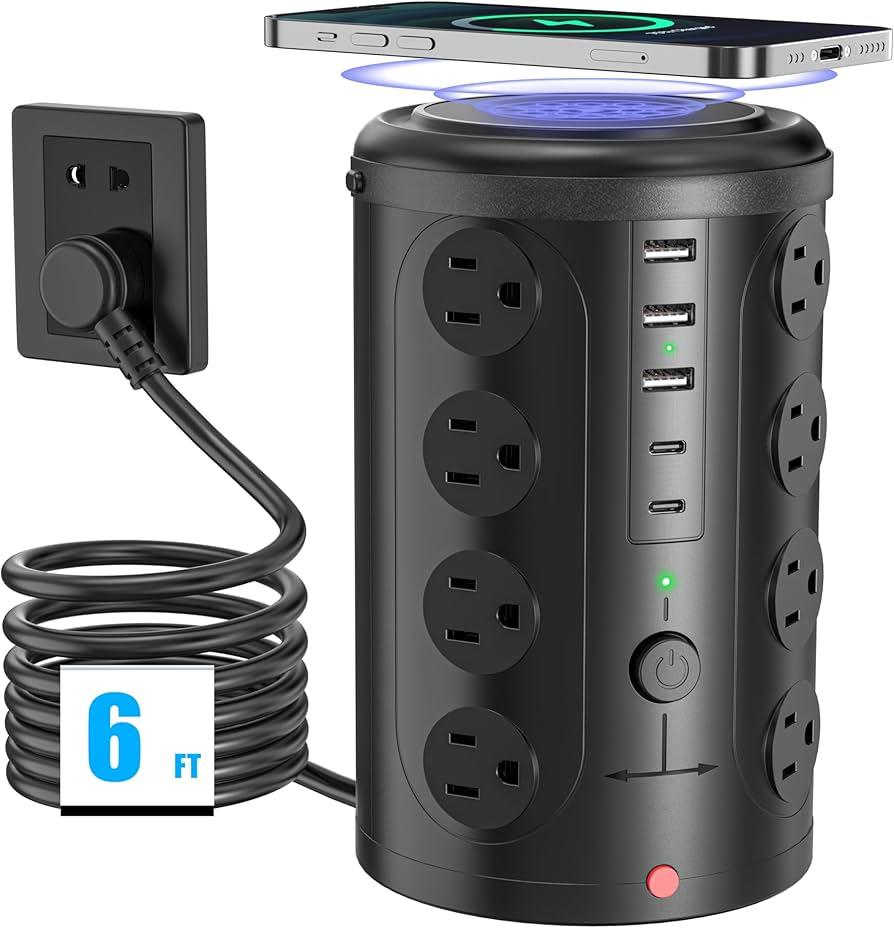 Surge Protector Power Strip  Desk Charging Station with 15W Wireless Charger, Multiple Outlets Charging Station with 16 2300J AC Outlets & 5 USB (2 USB C) Port, for Home, Office, Dorm Room
