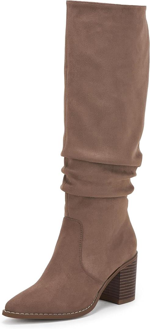 Huiyuzhi Womens Pointed Toe Mid Chunky Heel Side Zipper Knee High Boots Tall Booties (8, Dark Brown)