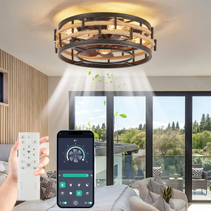 18" Caged Ceiling Fan with Lights Remote Control, Rustic Flush Mount Ceiling Fan with Reversible Motor, 6 Speeds Farmhouse Boho Low Profile Ceiling Fans for Bedroom Kitchen