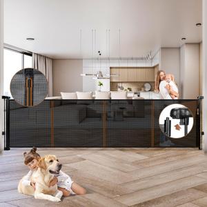 200.1" Retractable Baby Gate Extra Wide, 35.1" Tall Retractable Dog Gate for Stairs, Doorways, Decks, Mesh Gate Long Child Gate Pet Gate for Indoor, Outdoor, with Reinforced Mesh Rods, Dual Locks (Black)