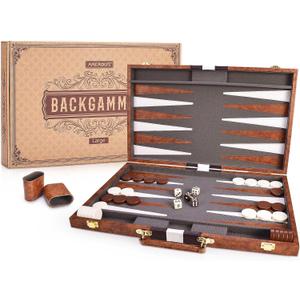 AMEROUS Backgammon Set, 18 Inches Classic Board Game withLeather Case, Folding Board, Gift Package, Portable Travel Strategy Backgammon Game Set for Adults, Kids (Large, Brown)