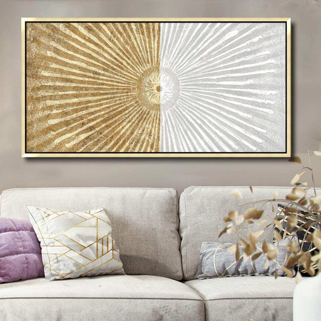24"x48" Framed Canvas White and Gold Wall Art Symmetrical Line Abstract Modern Wall Decor Art for Living Room Bedroom Bathroom Office Wall Decor