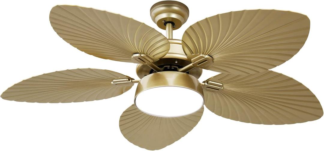 YITAHOME Tropical Ceiling Fans with Light and Remote, 52 Inch Fan Light with Memory Function, Lights Colors Changing, Quiet Motor, Timer, Palm Leaf Blades for Indoor - Gold