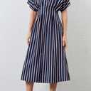 Women's Striped Button Front Pleated Maxi Shirt Dress Short Sleeve Collar V Neck Summer Casual Corset Long Dress (Blue, XL)
