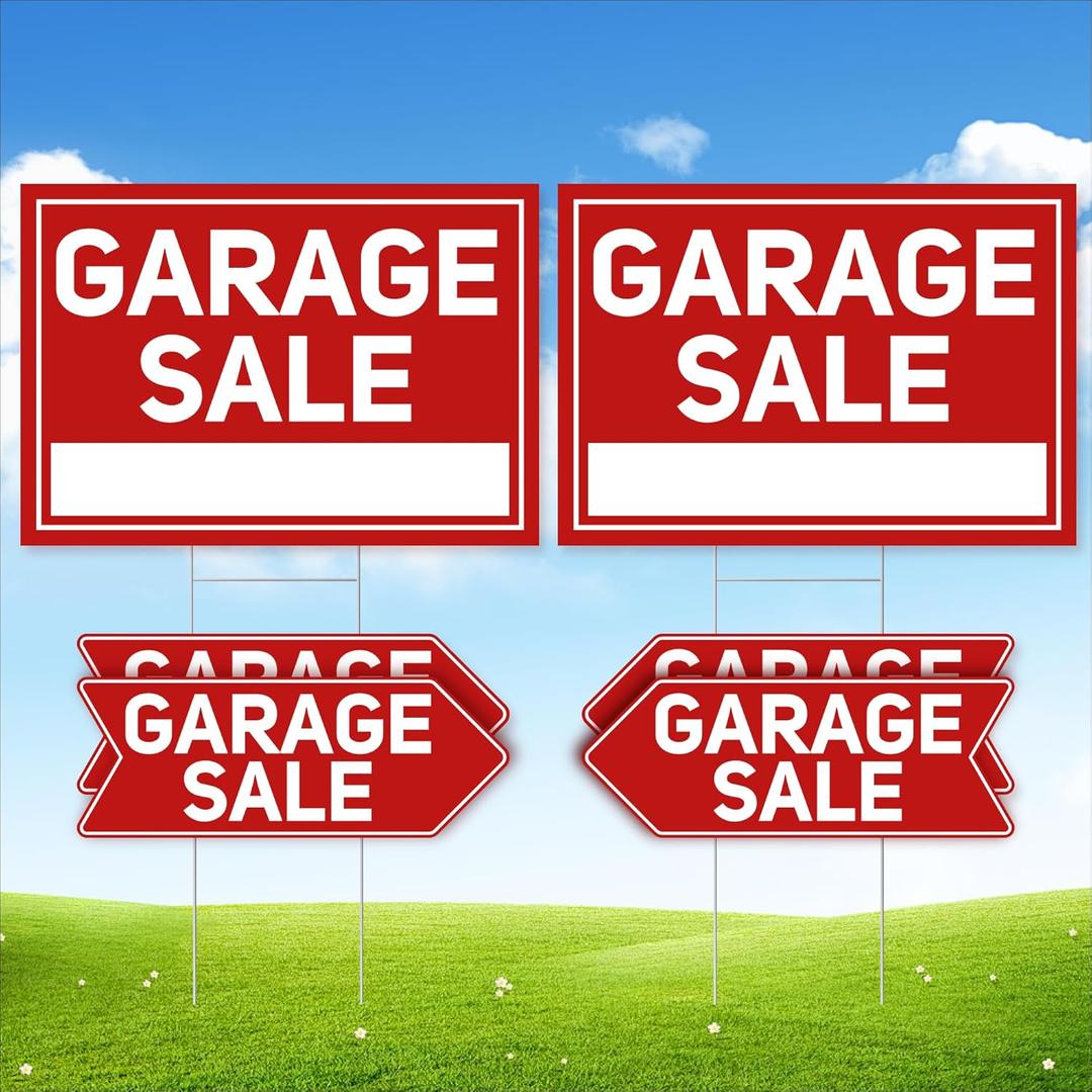 6 Pcs Garage Sale Signs with Stakes, 2 Foldable Extra-Large Garage Sale Signs 24" x 16" and 4 Arrow Yard Signs 17" x 6", Metal Stakes and Double Sided Waterproof Design for Garage Sale Supplies