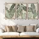 Large Framed Canvas Wall Art - Natural Float Framed Green Plantain Leaves Pictures Decor Brown Leaf Lines Painting Prints Rustic Botanical Artwork for Bedroom Living Room Decoration 60" X 28" Set of 3