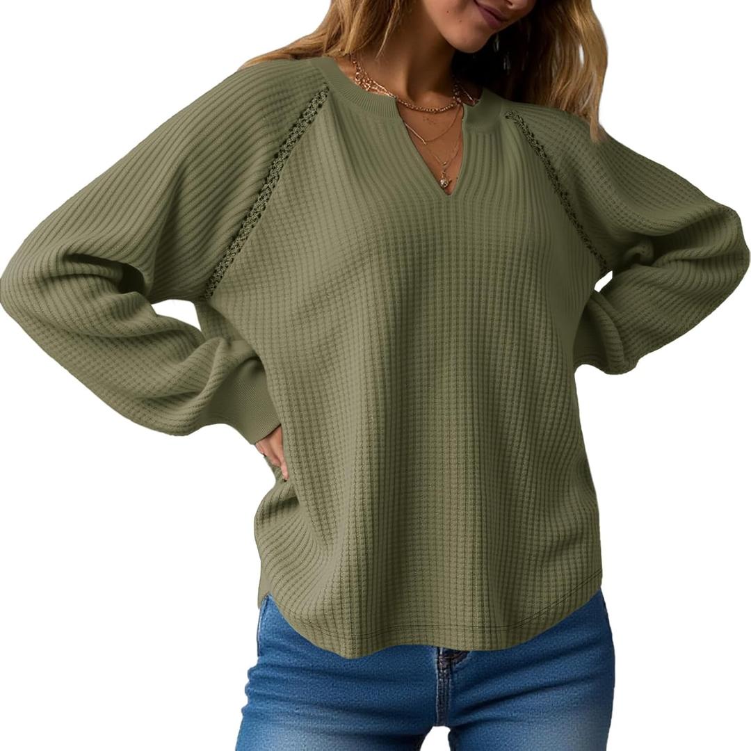 Fisoew Womens Oversized Long Sleeve Shirt Casual Waffle Knit Tunic Tops Lace Patchwork Pullover Sweatshirt (Green)