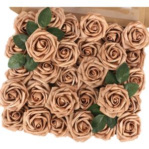 MACTING 30PCS Artificial Flower Roses Fake Flowers with Stem Foam Roses for DIY Wedding Bouquet Table Centerpieces Party Holiday Baby Shower Home Spring Valentines Day Decorations,Light Brown