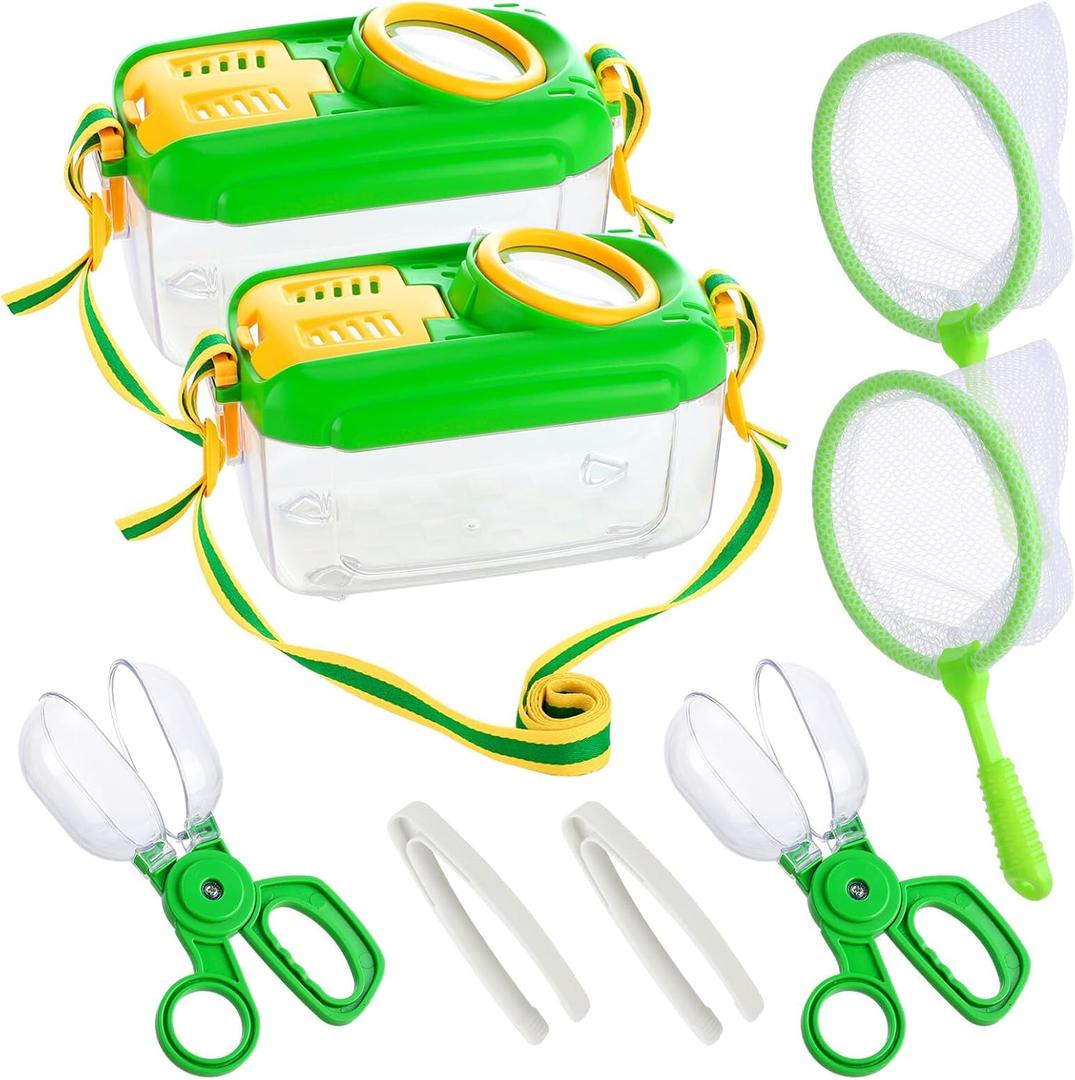 2Sets Bug Catcher for Kids - Sturdy Kids Bug Catching Kit Gifts with Collector Butterfly Net Tweezer, Bugs Habitat Outdoor Explorer Kit for Age 3 4 5 6 7 8, 8Pcs (Green)