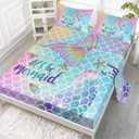4Pcs Kids Fitted Sheet and Flat Set Rainbow Scales Mermaid Printed Pattern Bedding with 1 + 2 Pillowcases for Boys Girls (Rainbow Twin), 67x97 Inches
