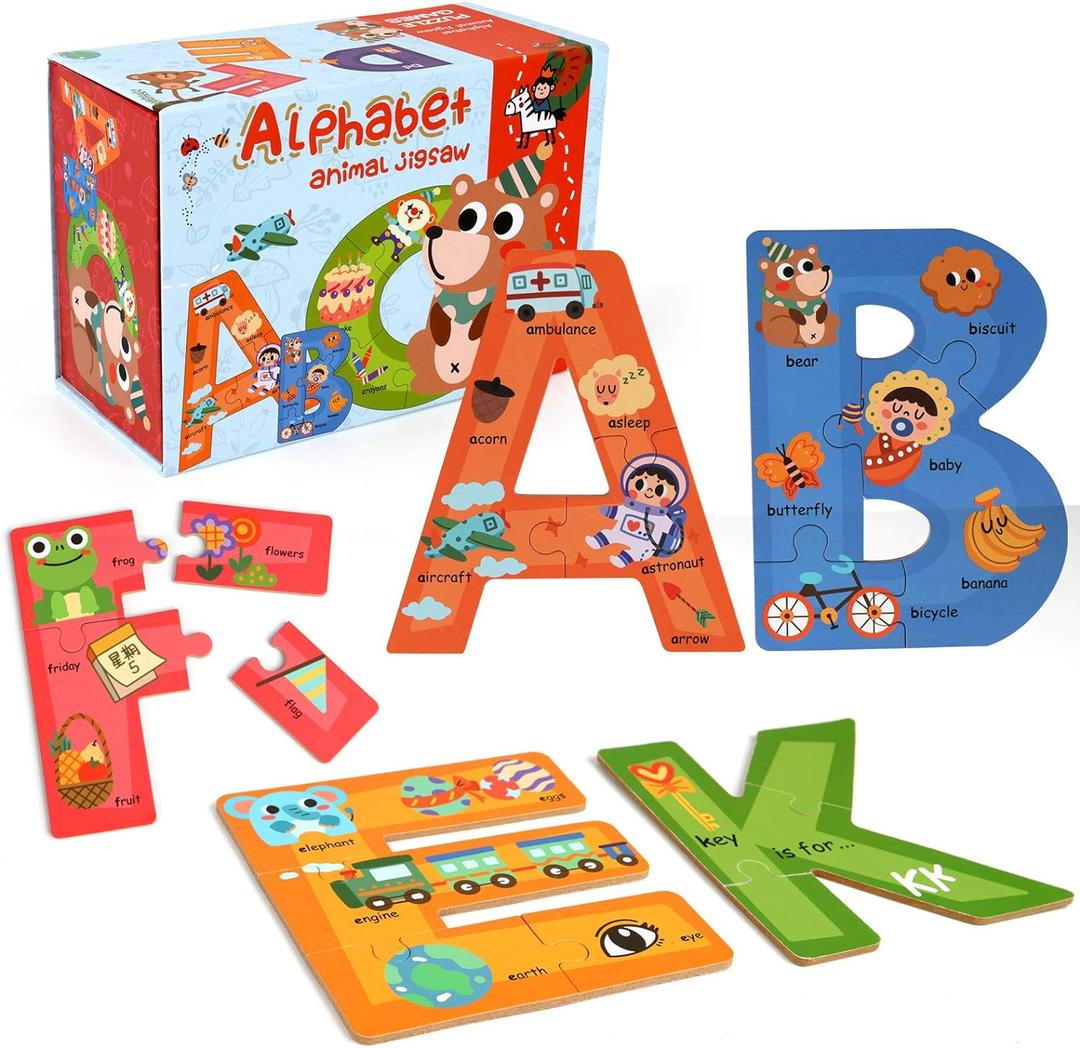 SYNARRY Wooden Alphabet Puzzles for Kids Ages 3-5, ABC Learning for Toddlers Ages 3+, Sight Words Letter Puzzles Montessori Toys Educational STEM for Preschool Boys Girls Kids Gifts