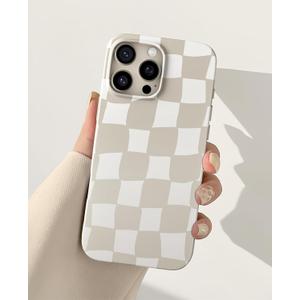 for iPhone 7P/8P Case 5.5 Inch, Trendy Checkered Aesthetic Cute Girly Design for Women & Girls, Checkerboard Pattern Phone Case, Slim Fit Silicone Protective Cover, Beige and White