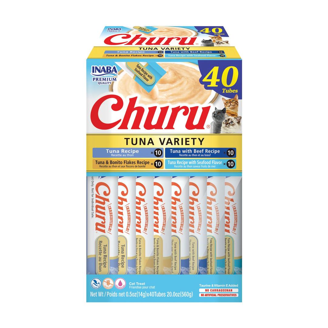 INABA Churu Cat Treats, Grain-Free, Lickable, Squeezable Creamy Purée Cat Treat/Topper with Vitamin E & Taurine, 0.5 Ounces Each Tube, 40 Tubes, Tuna Variety Box, BB Date 03/10/2026