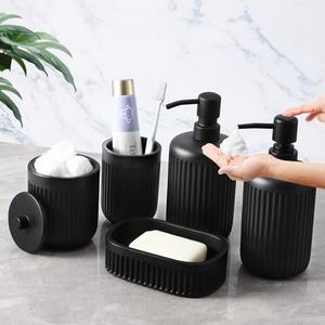 XLHOMO Black Resin Bathroom Accessories Set 5 Pcs, Bathroom Accessory Set Includes Foaming Soap Dispenser, Lotion Soap Dispenser, Toothbrush Holder, Qtip Holder, Soap Dish, for Modern Home Apartment