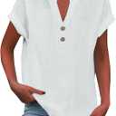 Linen Shirts for Women V Neck Button Down Blouse Short Sleeve Office Work Tops Vintage Vacation Tees Shirt Blouse Tops (White, XXL)