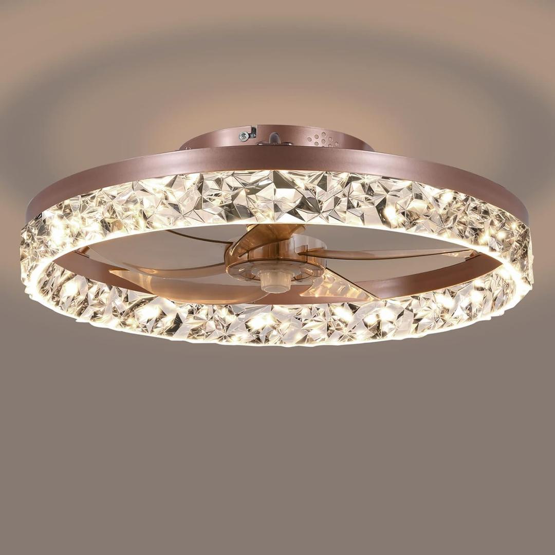 Low Profile Ceiling Fans with Lights and Remote, Stylish 19.7 inches Dimmable Flush Mount Ceiling Fan, Enhancing Room Decor, Stepless Color Temperature Change, and 6 Speeds - Copper Gold