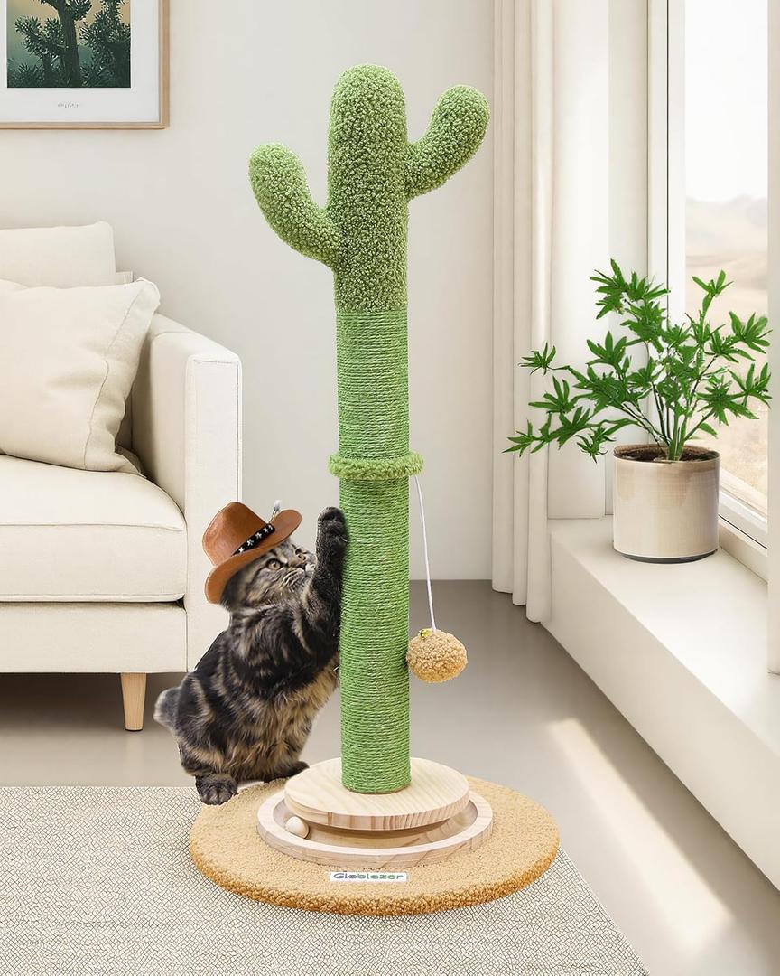 Globlazer Tall Scratching Post for Cats, Cactus Cat Scratching Post Cat Scratcher Cute Sisal Large Cat Scratching Post with Modern Wooden Ball Tracking Interactive Toys, SC30