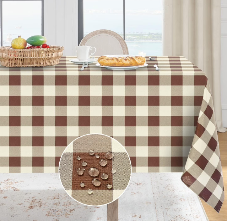Gingham Checkered Rectangle Tablecloth - Waterproof Buffalo Plaid Table Cloth Stain Resistant Washable Table Cover for Picnic/Camping/Outdoor - Coffee and White, 60 x 84 Inch