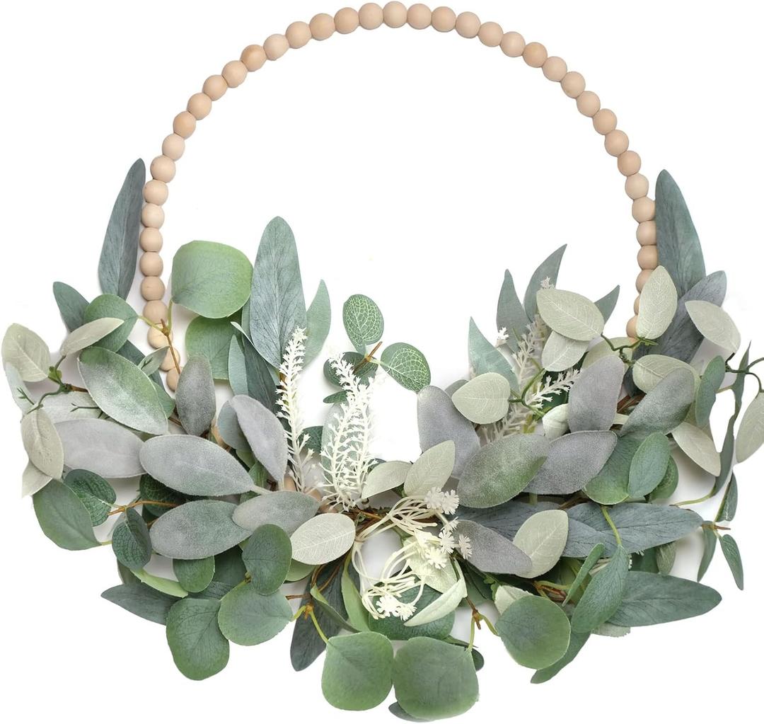 TEMPUS 16 Artificial Wood Bead Eucalyptus Wreath - Indoor/Outdoor Seasonal Farmhouse Door Decor with Artificial Greenery Perfect